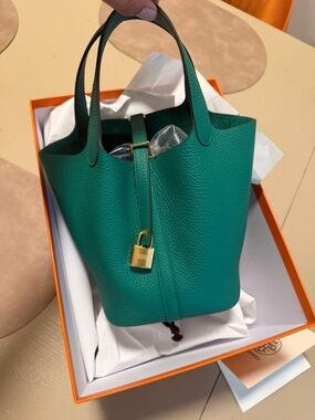 NEW HANDBAG PICOTIN LOCK 18 CLEMENCE BULL CALF SKIN U4 VERT VERTIGOS HERMES